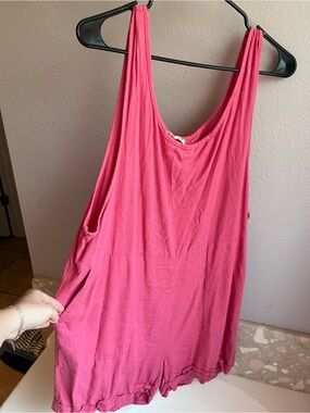 Zenana Rose Linen Rayon Overall Romper Pockets XL Like New Boho Wide Strap